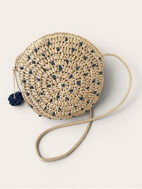 Raffia Circular Crossbody Bag with Polkadots Whimsical Pompoms - Cream and Blue